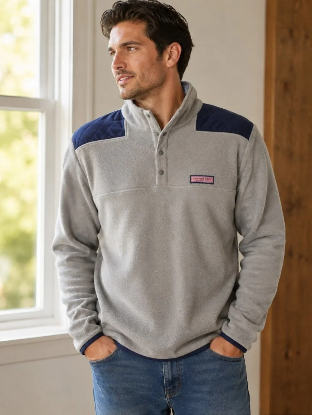 Vineyard Vines Men’s XXL Gray Navy Fleece Quarter Snap Pullover Sweater